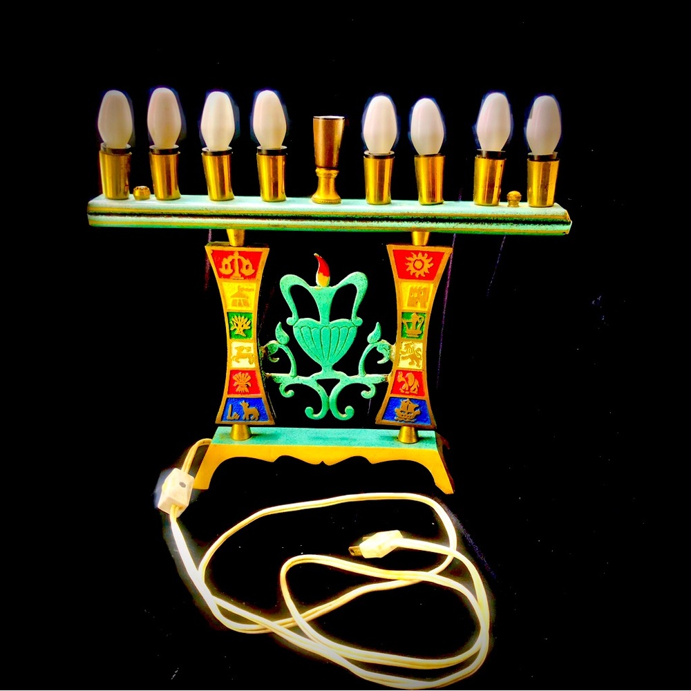 Vintage Menorah Electric Mid Century Twelve Tribes Of Israel Enamel Green